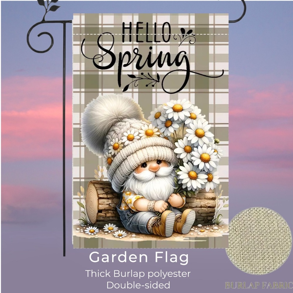 Garden Flag, 12”x18”, Hello Spring Gnome, Thick Burlap Polyester Doublesided